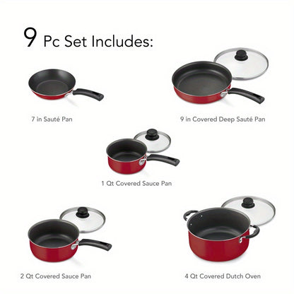 9-Piece Deluxe Cookware Set - Premium Non-stick Coating for Easy Food Release and Cleaning, Complete Cooking Solution for Cooking, Frying, Boiling, Steaming, and more - Vibrant Red Color