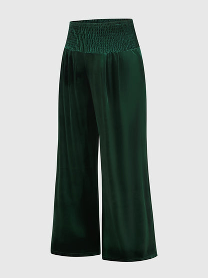 vlovelaw  Plus Size Casual Pants, Women's Plus Solid Velvet Shirred Waist High Rise Wide Leg Trousers