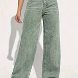 vlovelaw  Plain Loose Fit Baggy Jeans, Slant Pockets Non-Stretch Casual Wide Legs Jeans, Women's Denim Jeans & Clothing