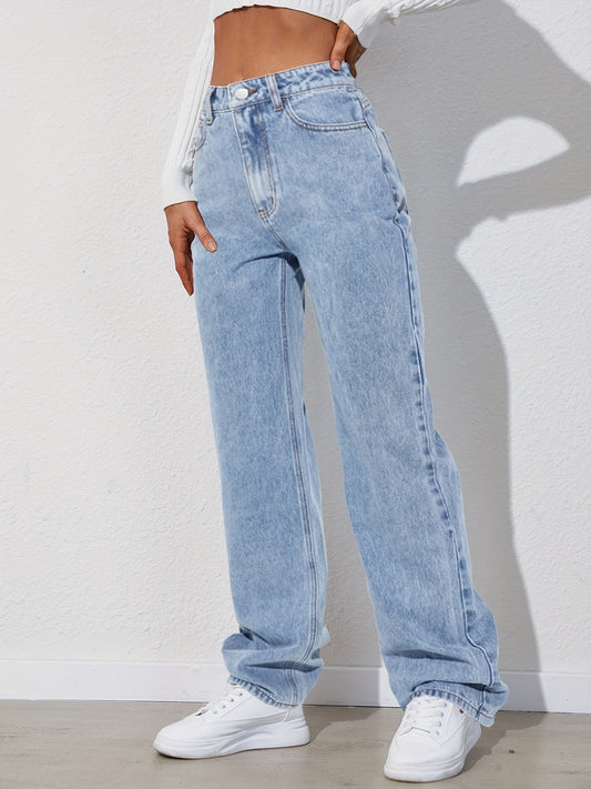 vlovelaw Light Blue Versatile Straight Jeans, Loose Fit Slash Pockets Baggy Denim Pants, Women's Denim Jeans & Clothing