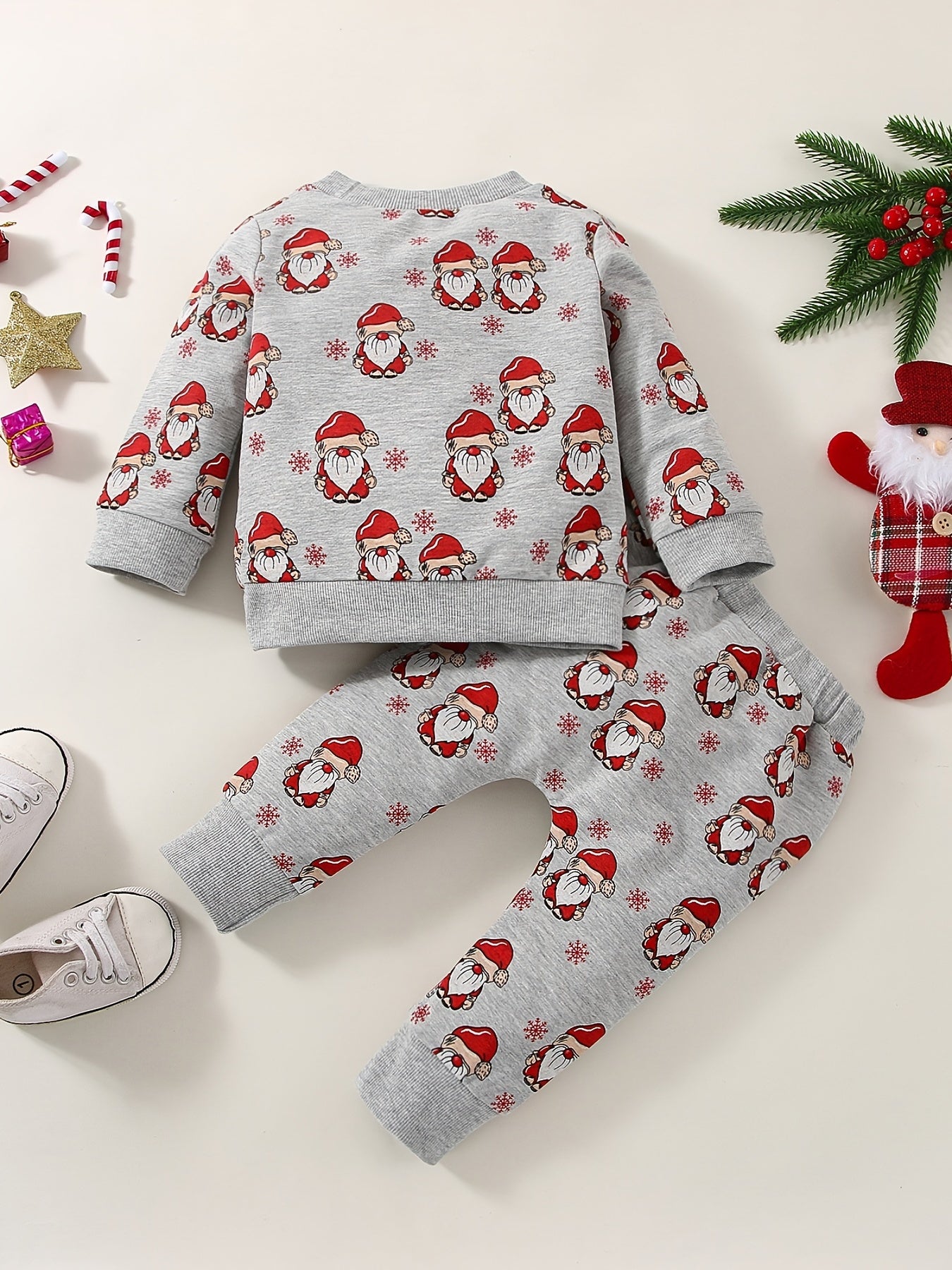 Christmas Baby Boys Cute Allover Santa Claus Print Long Sleeve Sweatshirt Pullover & Long Pants 2pcs Outfit Clothes, Outdoor Cloth