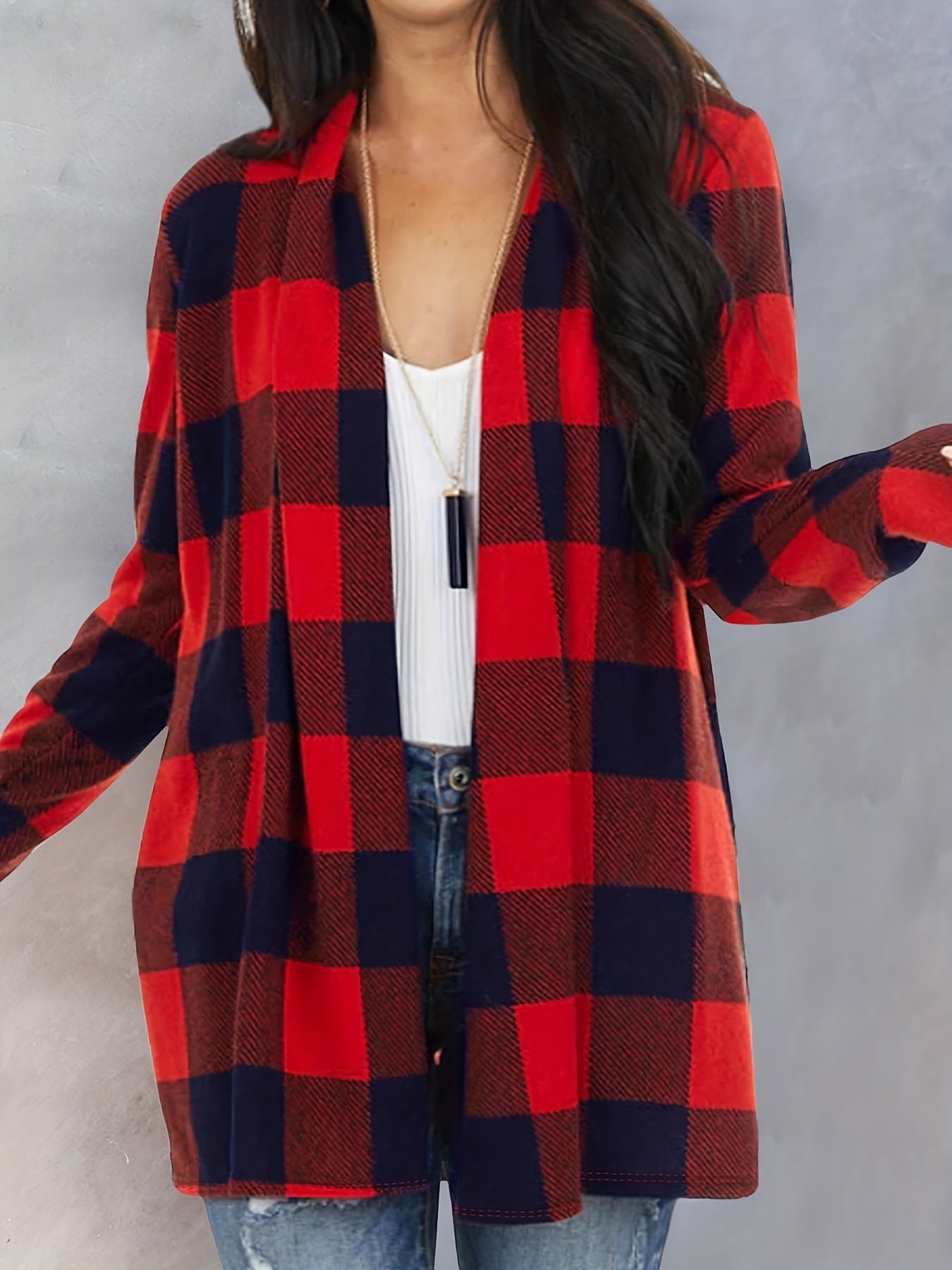 Plaid Print Cardigan, Casual Open Front Long Sleeve Outerwear, Women's Clothing