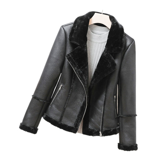 fur integrated PU leather jacket New autumn and winter European and American women's warm leather jacket locomotive jacket women's clothing