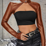vlovelaw Solid Faux Leather Crop Top, Vintage Long Sleeve Crop Top For Spring & Fall, Women's Clothing