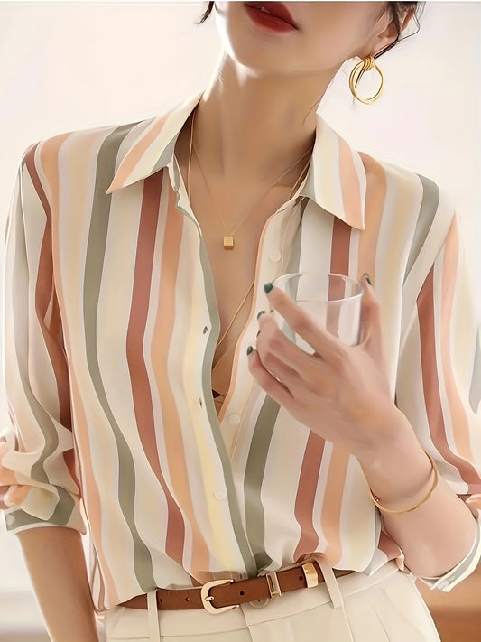 Plus Size Waterfall Collar Elegant Long Sleeve Striped Shirt - Soft Slight Stretch Fabric, Double Button Front, Placket Type, Perfect for Spring, Summer, and Fall - Oversized Womens Shirting for Comfortable Wear