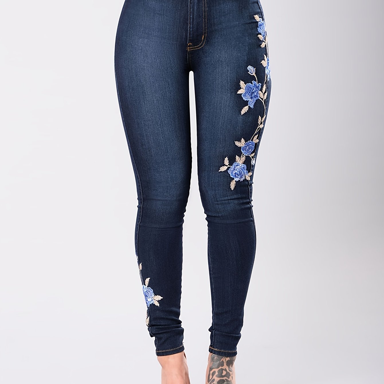 vlovelaw  Blue Floral Embroidery Skinny Jeans, Zipper Button Closure Medium Strech Elegant Denim Pants, Women's Denim Jeans & Clothing