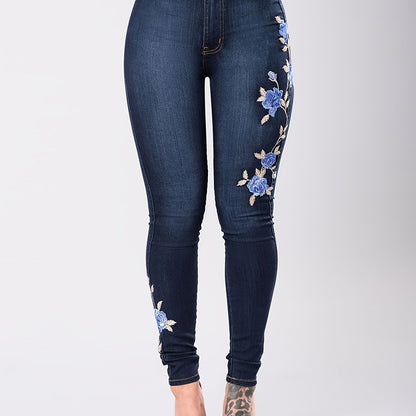 vlovelaw  Blue Floral Embroidery Skinny Jeans, Zipper Button Closure Medium Strech Elegant Denim Pants, Women's Denim Jeans & Clothing