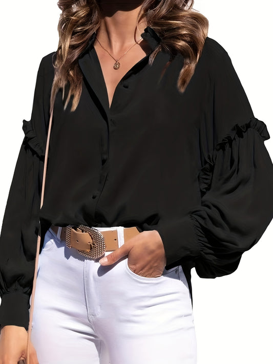 vlovelaw  Solid Polo Collar Blouse, Casual Lantern Sleeve Blouse For Spring & Fall, Women's Clothing