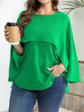 vlovelaw  Plus Size Elegant Blouse, Women's Plus Solid Layered Mesh Batwing Sleeve Round Neck Shirt Top