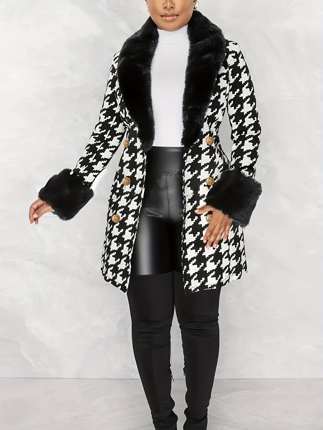 vlovelaw  Houndstooth Faux-Fur Trim Outwear, Elegant Double Breasted Long Sleeve Belted Coat For Winter, Women's Clothing