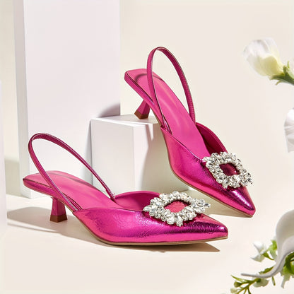 Chic All-Season Pointed-Toe Slingback Heels with Crystal Accents – Comfortable Faux Leather Sandals with Elastic Strap