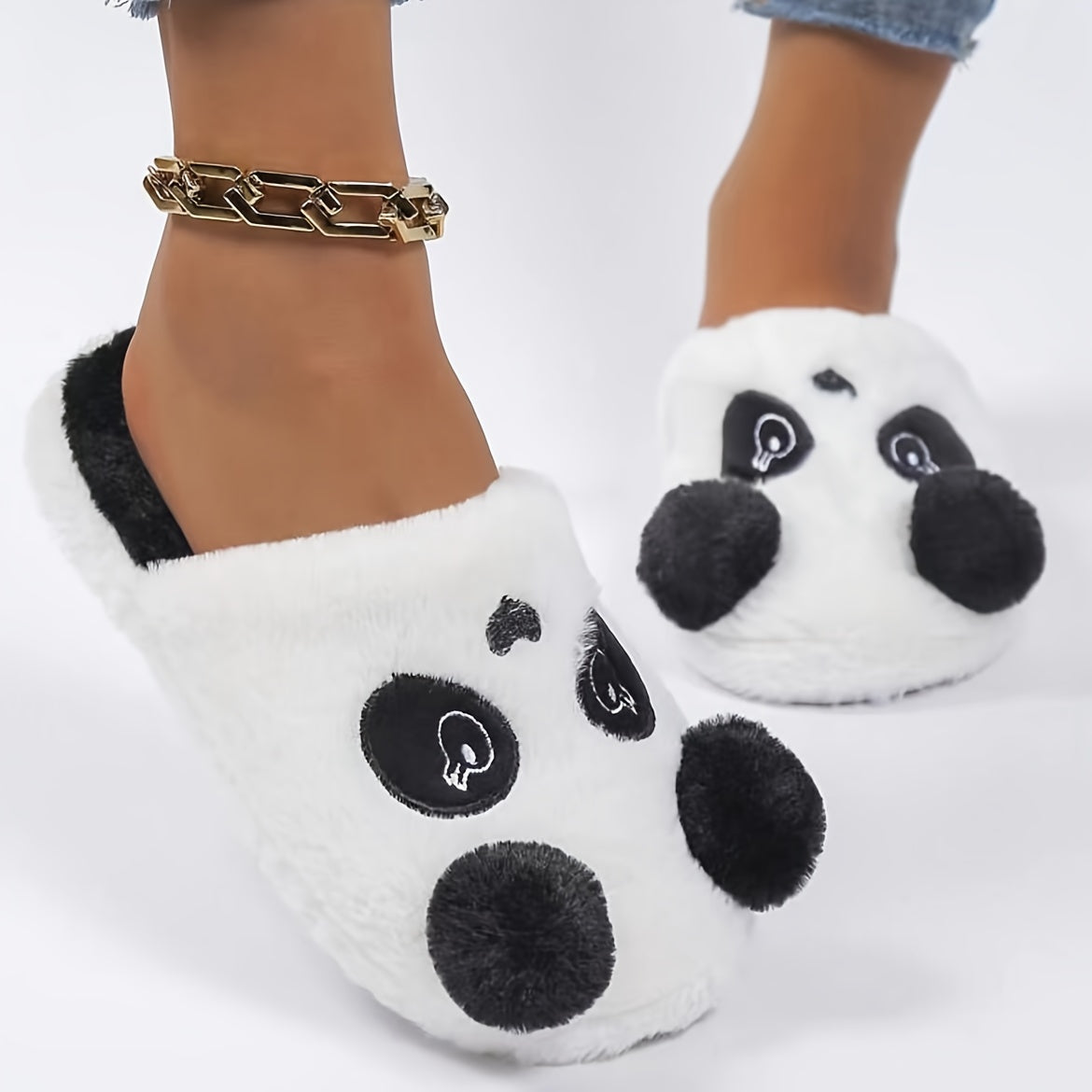 Cute Cartoon Panda Fluffy Home Slippers, Soft Sole Closed Toe Plush Lined Shoes, Non-slip Bedroom Mute Slippers, Winter & Autumn