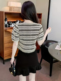 vlovelaw  Striped Pattern Button Decor Blouse, Versatile Square Neck Short Sleeve Blouse For Spring & Summer, Women's Clothing