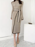 vlovelaw  Contrast Trim Ribbed Dress, Elegant Mock Neck Long Sleeve Midi Dress, Women's Clothing