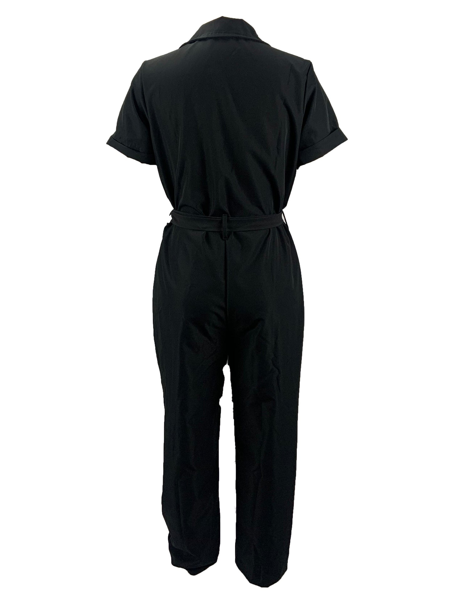 vlovelaw  Y2K Solid Lapel Button Down Short Sleeve Tie Waist Cargo Jumpsuit, Casual Long Length Pockets Rompers Overalls, Women's Clothing