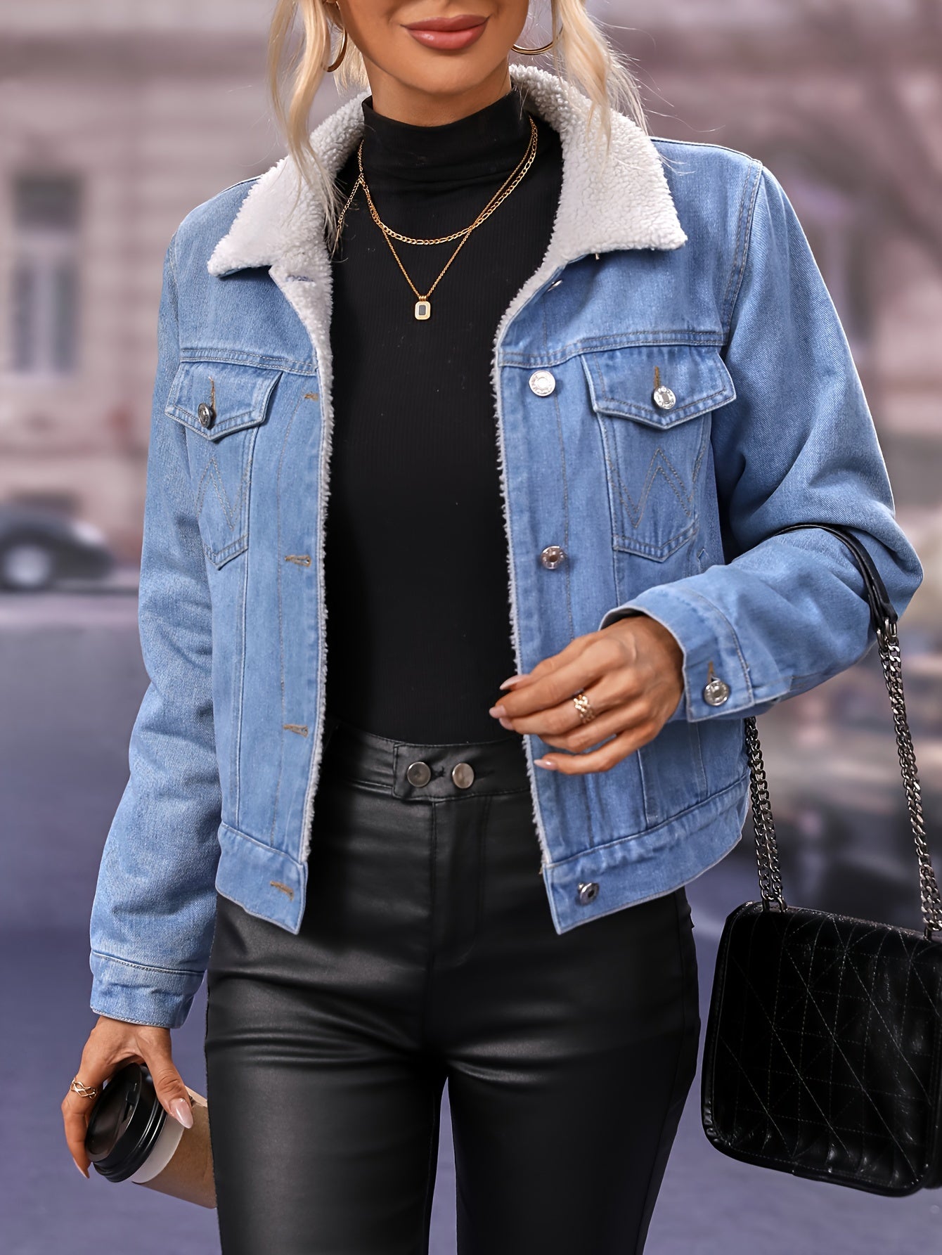 Long Sleeves Lapel Denim Coat, Flap Pockets Fleece Liner Keep Warm Denim Jacket, Women's Clothing