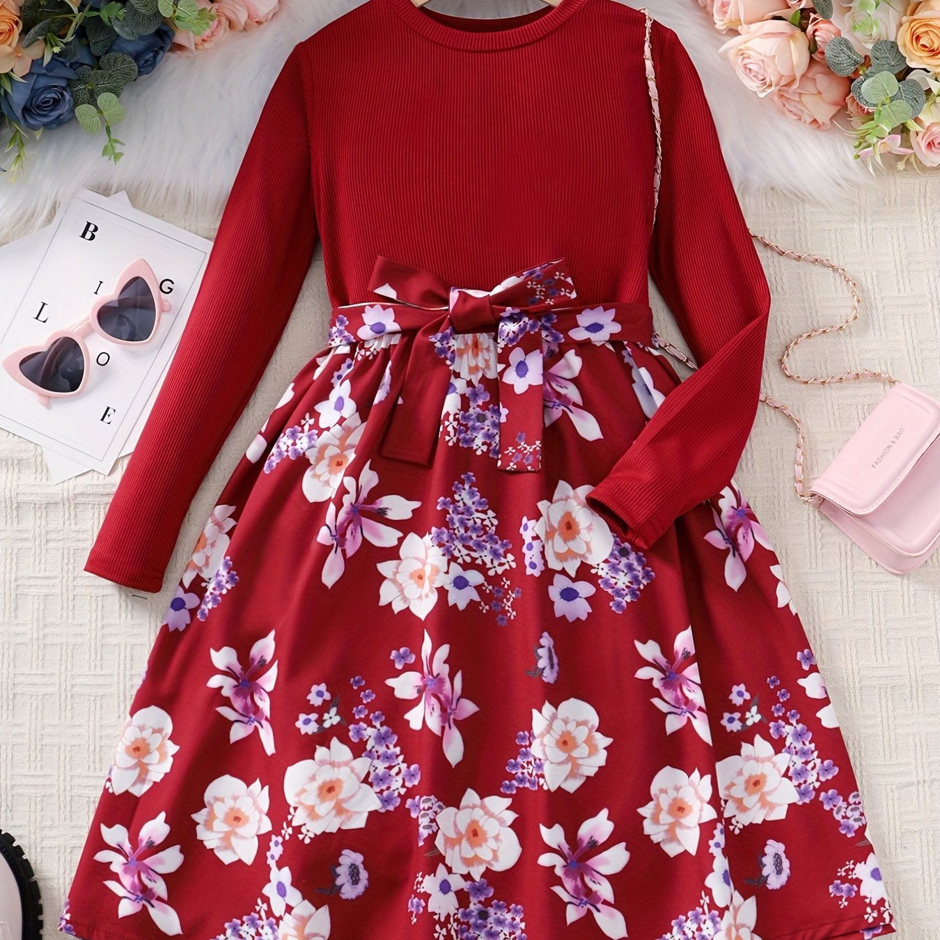 vlovelaw  Girls Long Sleeves Round Neck Flowers Splicing Belted Dress For Party Kids Spring Clothes