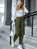 vlovelaw  Solid Cargo Pants, Casual Versatile Elastic Waist Pants With Pockets, Women's Clothing