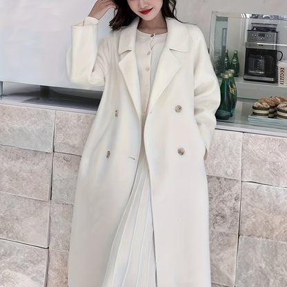 vlovelaw  Solid Double-breasted Tied Coat, Casual Long Sleeve Lapel Coat For Fall & Winter, Women's Clothing