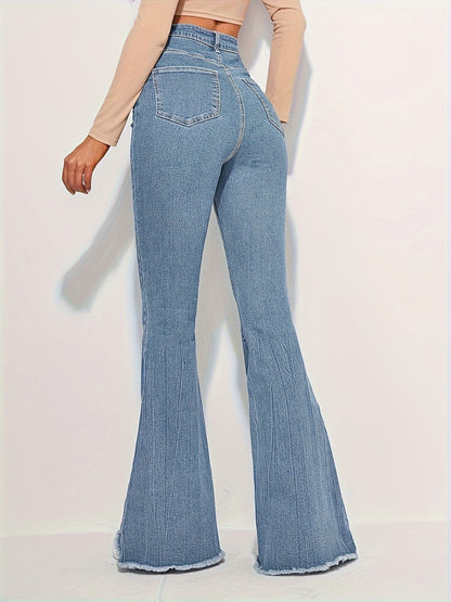 vlovelaw Raw Trim Fashion Bell Bottom Jeans, High Waist Elastic Washed Elegant Denim Pants, Women's Denim Jeans & Clothing