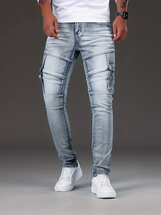 vlovelawSlim Fit Biker Jeans, Men's Casual Street Style Distressed Medium Stretch Denim Pants