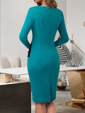 vlovelaw Button Decor Color Block Dress, Elegant Long Sleeve Bodycon Dress, Women's Clothing