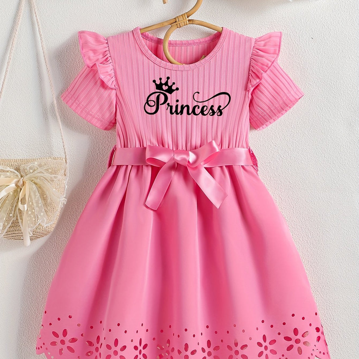 Girls Adorable Peplum Dress - Soft Slight Stretch Polyester Fabric, Crew Neck, Short Sleeves, Ruffle Trim, Bow Tie, Alphabets Pattern, Regular Fit, Perfect for Summer Casual Wear