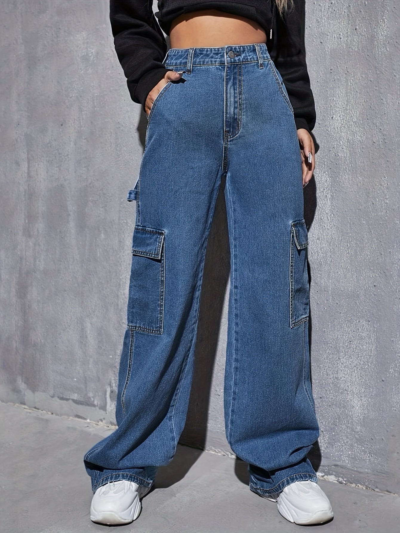 vlovelaw  Blue Flap Pockets Cargo Pants, Loose Fit Non-Stretch Y2K & Kpop Carpenter Jeans, Women's Denim Jeans & Clothing