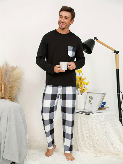 2 Pcs Mens Plaid Pajama Sets with Pocket - Soft, Breathable, and Stretchy Crew Neck Long Sleeves & Loose Fit Pants for Cozy Loungewear - Comfortable, Skin-Friendly, and Asymmetrical Design for Spring and Fall