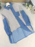 Textured Patchwork Polo Collar Button Blouse, Casual Long Sleeve Asymmetrical Blouse For Spring & Fall, Women's Clothing
