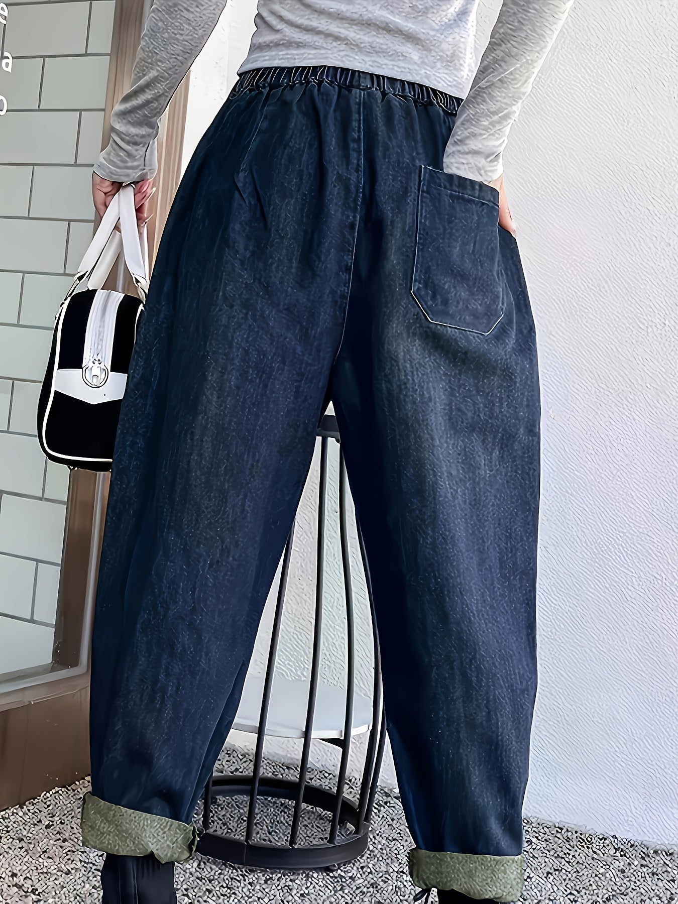 vlovelaw  Elastic Waist Versatile Straight Jeans, Loose Fit Flap Pockets Washed Denim Pants, Women's Denim Jeans & Clothing