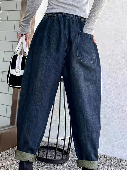 vlovelaw  Elastic Waist Versatile Straight Jeans, Loose Fit Flap Pockets Washed Denim Pants, Women's Denim Jeans & Clothing