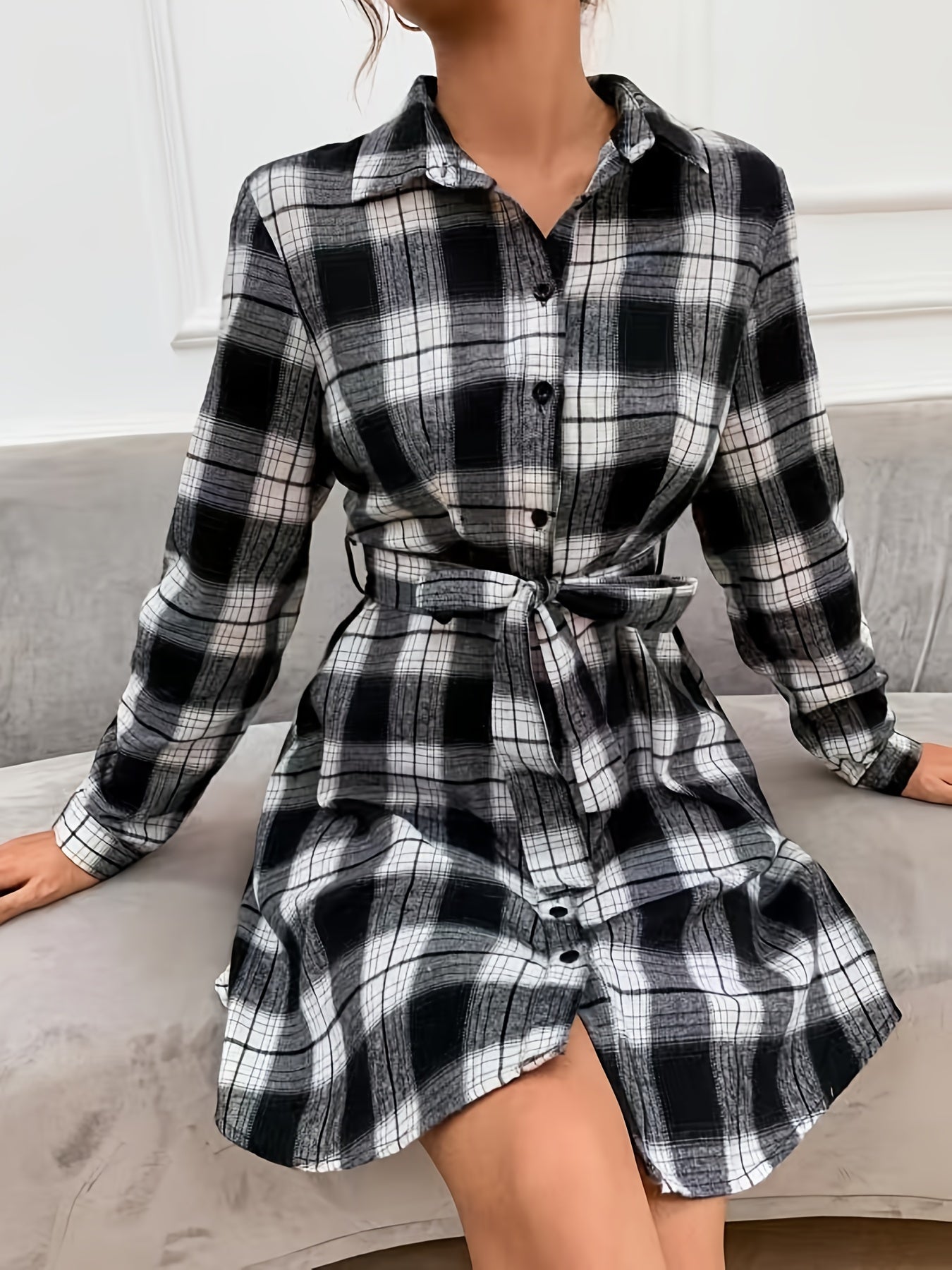 vlovelaw Plaid Print Button Dress, Casual Tie Waist Long Sleeve Dress, Women's Clothing