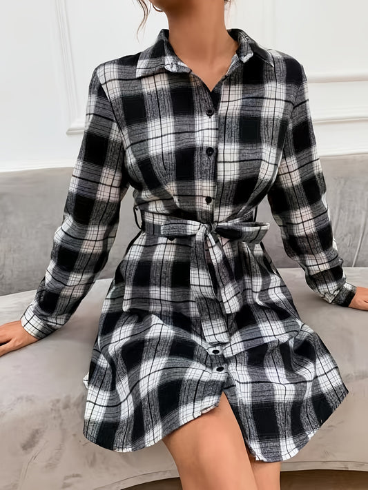 vlovelaw Plaid Print Button Dress, Casual Tie Waist Long Sleeve Dress, Women's Clothing