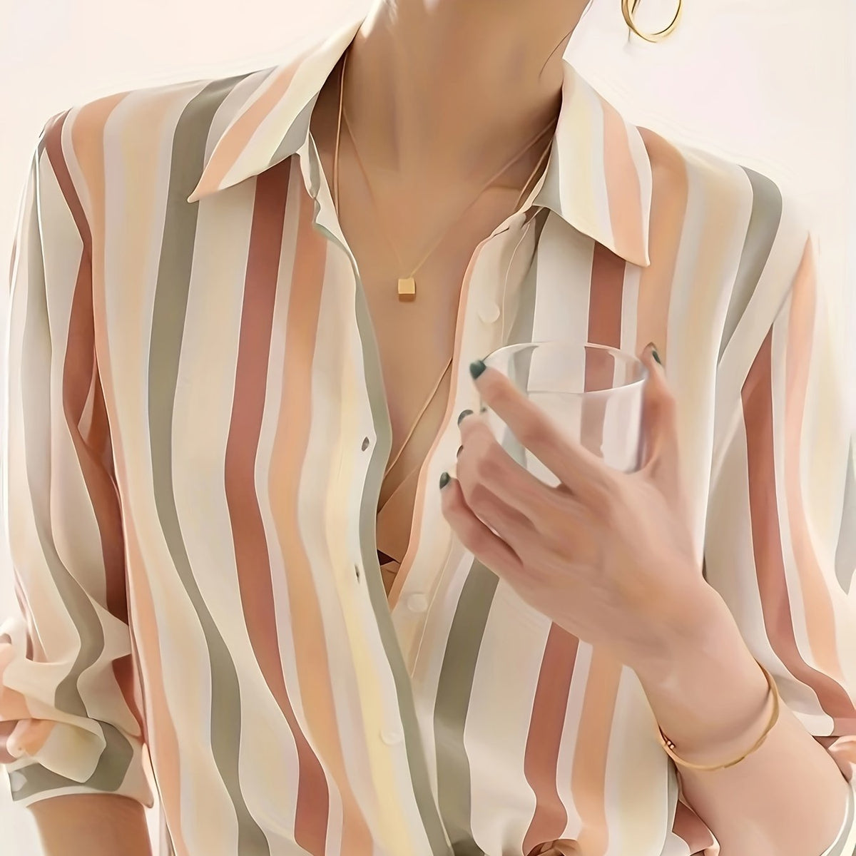 Plus Size Waterfall Collar Elegant Long Sleeve Striped Shirt - Soft Slight Stretch Fabric, Double Button Front, Placket Type, Perfect for Spring, Summer, and Fall - Oversized Womens Shirting for Comfortable Wear