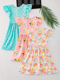 3pcs Sweet Girls Flora Print Flutter Trim Sleeveless Dress Summer Clothes Baby/toddler Girls