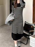 Stripe Print Long Sleeve Knit Dress, Casual Crew Neck Mid Calf Dress, Women's Clothing