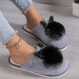 Cute Cat Hear Winter Plush Slippers, Cozy & Warm Pom-pom Closed Toe Shoes, Comfortable Flat Home Slippers