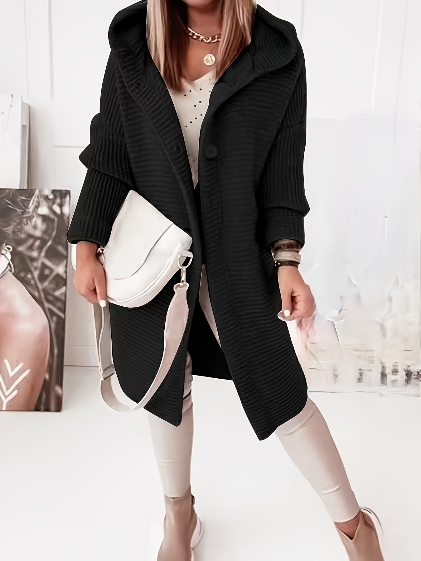 vlovelaw  Button Front Hooded Knit Cardigan, Casual Long Sleeve Simple Sweater, Women's Clothing