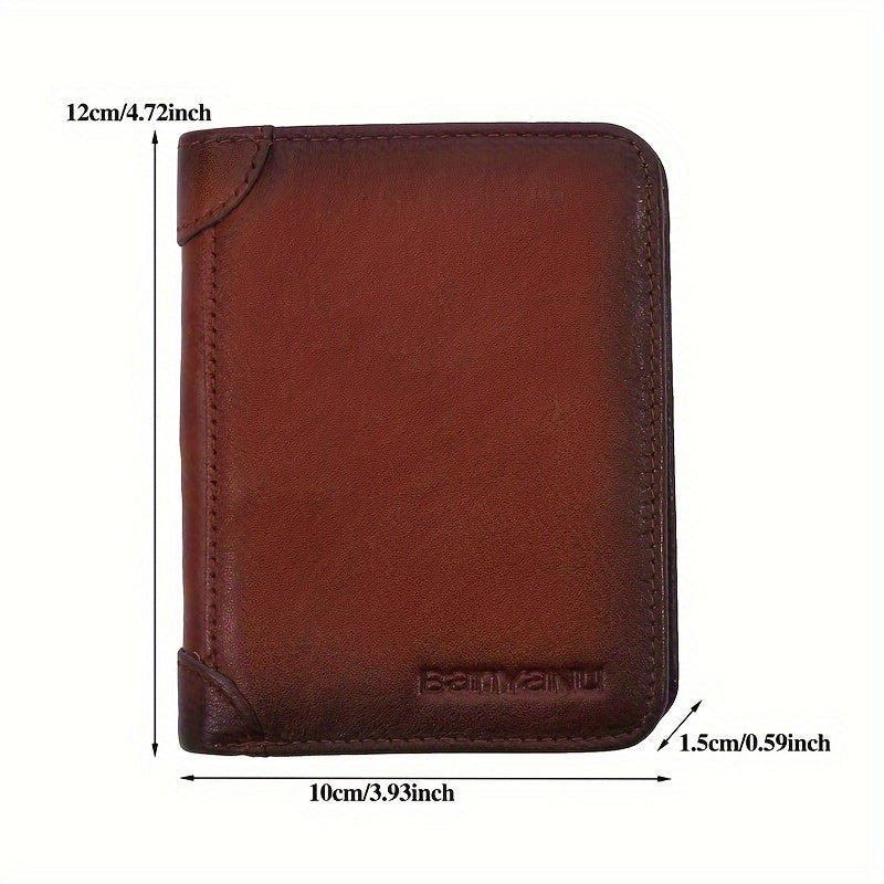 Three-Fold Genuine Leather Mens Wallet - Spacious Card Holder, Durable Top Layer Cowhide, Simple Solid Color Design, Ideal Gift for Men