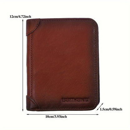 Three-Fold Genuine Leather Mens Wallet - Spacious Card Holder, Durable Top Layer Cowhide, Simple Solid Color Design, Ideal Gift for Men