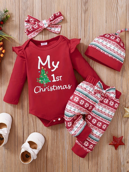 2pcs "My 1st Christmas" Triangle Bodysuit Set with Hairband, Hat, and Casual Pants for Toddler & Infant Girls' Spring Fall Daily Wear/Holiday Outdoor Clothing