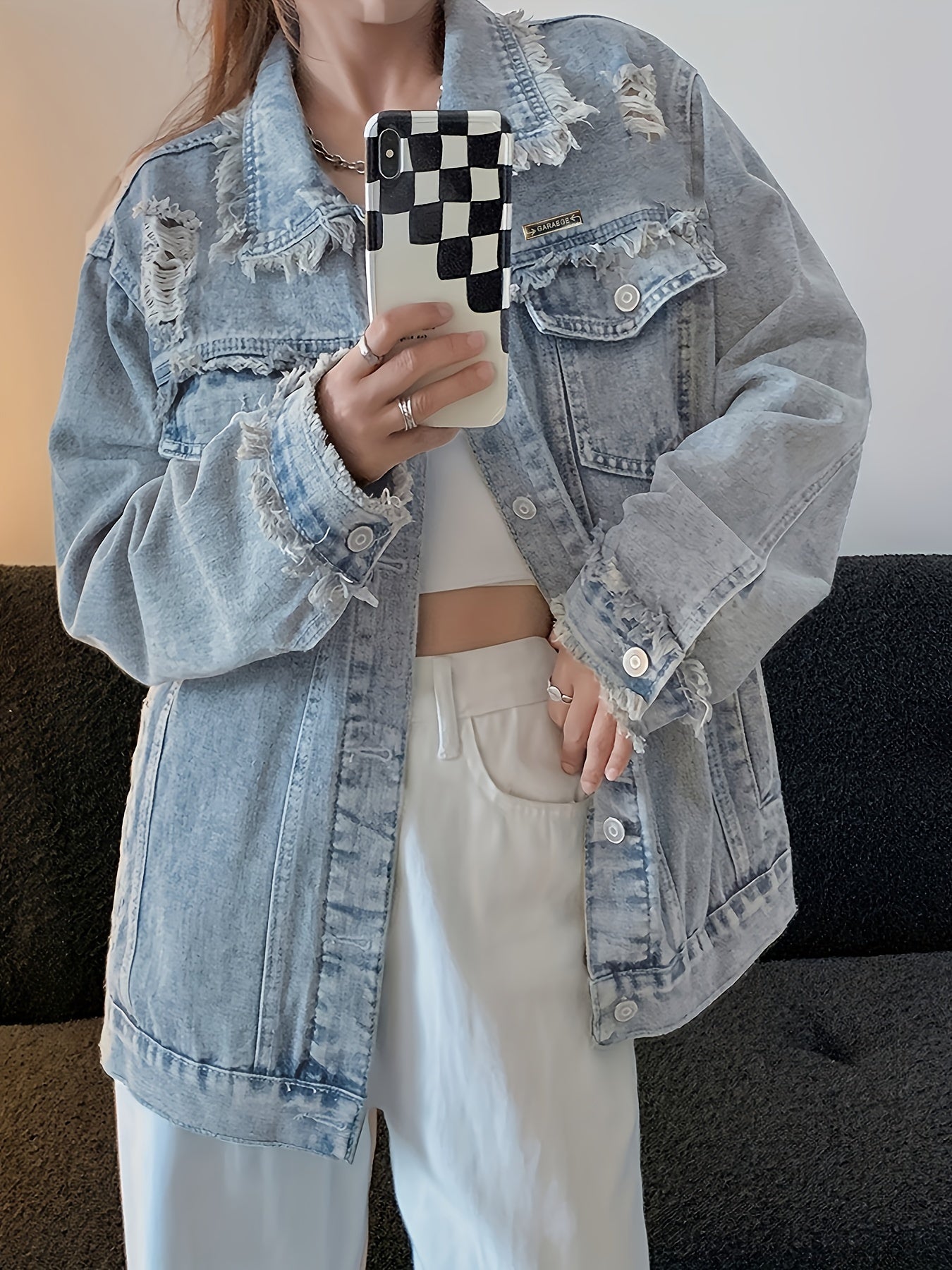 Blue Ripped Holes Lapel Denim Coat, Long Sleeves Raw Trim Chic Denim Jacket, Women's Denim Clothing