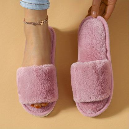 Winter Plush Open Toe Slippers, Solid Color Cozy & Warm Slip On Shoes, Comfy Indoor Floor Slippers