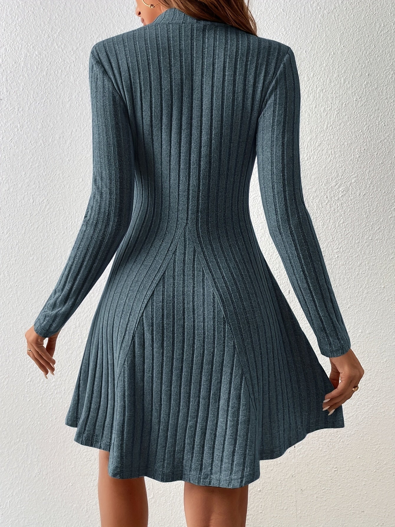 vlovelaw  Solid Ribbed Dress, Casual Mock Neck Long Sleeve Dress, Women's Clothing