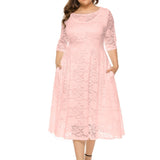 Plus Size Elegant Midi Lace Dress with 3/4 Sleeves - Crew Neck, Trapeze Hem, Pocket Details, Fitted Silhouette - Perfect for Wedding, Evening, Occasion, and Engagement Ceremony