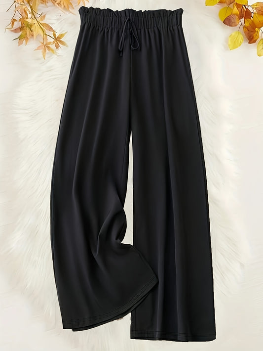 vlovelaw  Plus Size Casual Pants, Women's Plus Solid Drawstring Waist Wide Leg Loose Trousers