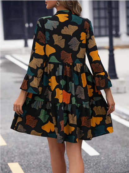 vlovelaw  Colorful Leaf Print V Neck Dress, Casual Cinched Waist Long Sleeve Tiered Dress, Women's Clothing