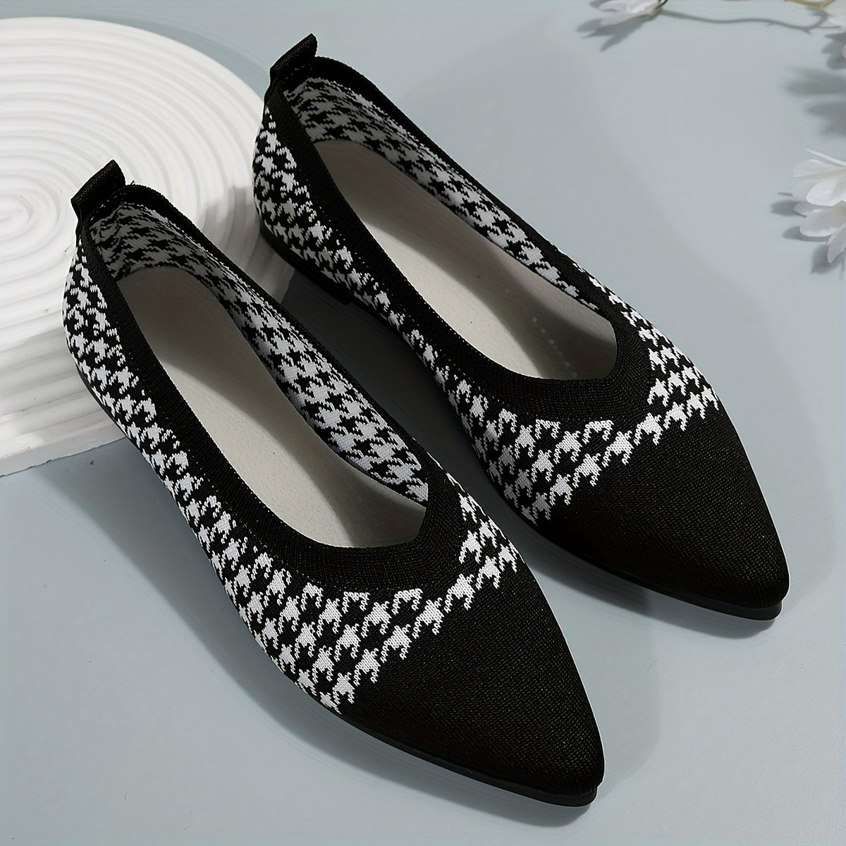 Womens Plaid Houndstooth Pointed Toe Ballet Flats - Lightweight, Soft, Comfy, Slip-on Shoes with Light Up Feature, Faux Leather Insole, and Plastic Sole - Perfect for Fall Season Walking