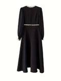 Contrast Trim Cuff Sleeve Button Dress, Elegant V Neck A-line Dress For Spring & Fall, Women's Clothing